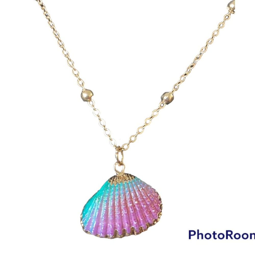 Natural Painted Shell Charm Pendant Purple and Green Gold Chain Link Necklace
